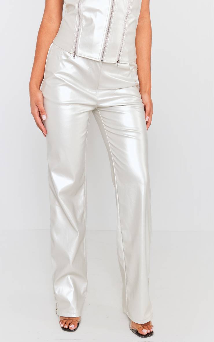Argenté Pantalon Droit Taille Mi-haute En Synthétiquecuir Métallisé