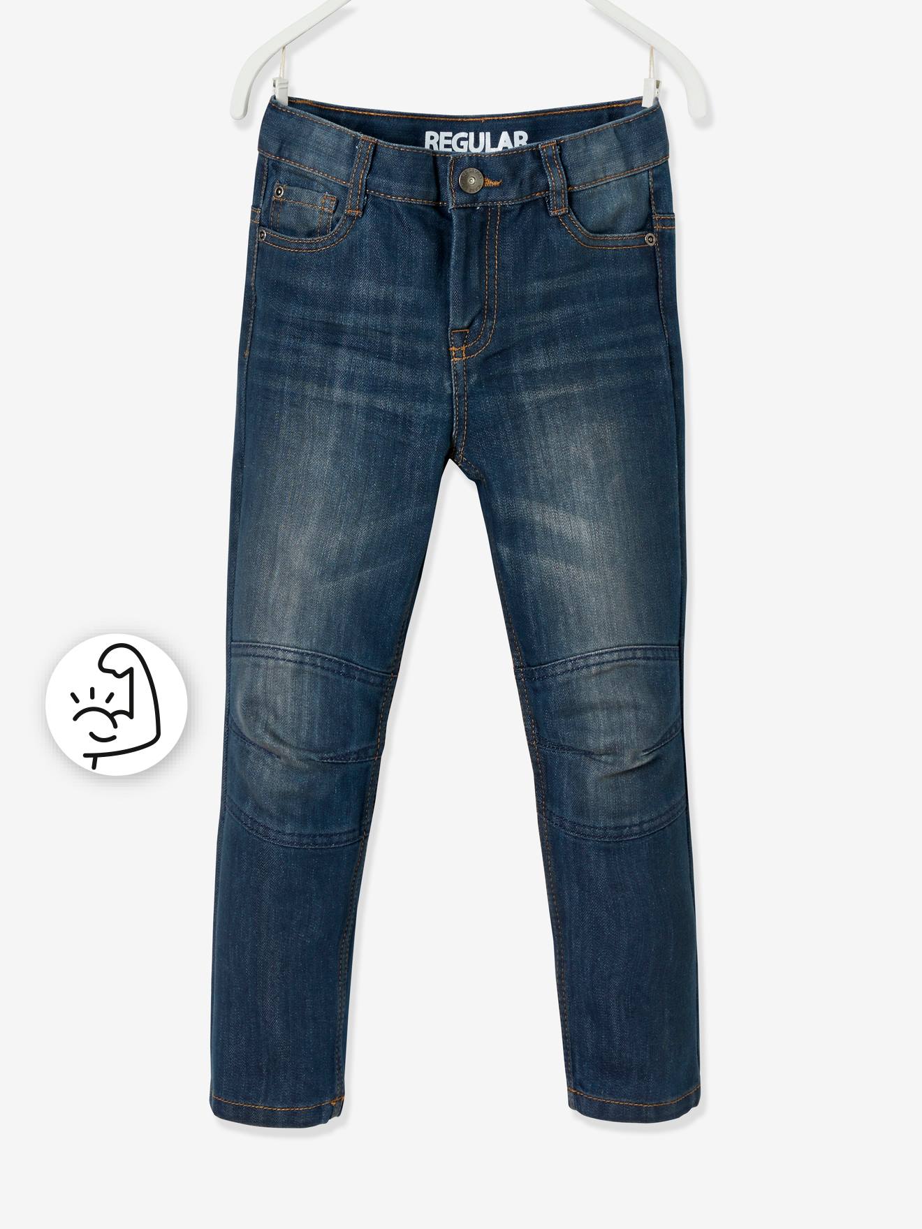 Calça jeans indestrutível de perna reta para meninos, modelagem morfológica para quadris largos, corte slim, lavagem azul escura
