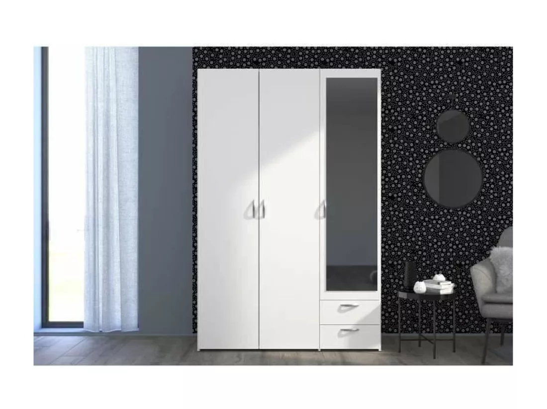 Armoire VARIA - Décor blanc - 3 portes battantes + miroir + 2 tiroirs - L 120 x H 185 x P 51 cm - PARISOT