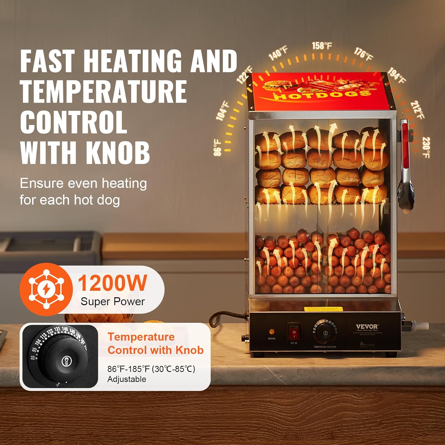 VEVOR Hot Dog Dampfgarer, 37L, 2-stufiger Hot Dog Hütten-Dampfgarer, 30℃~85℃ Temperaturregelung, elektrischer Brötchenwärmer mit Schiebetüren aus gehärtetem Glas, Trennplattenzange