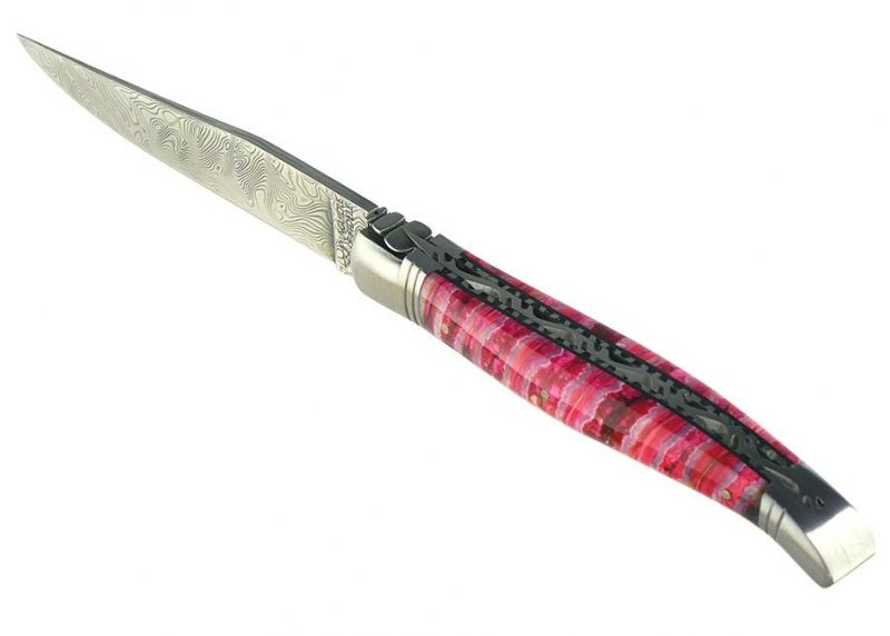 VENDU - Couteau Laguiole avec un manche en Molaire de Mammouth teintée rose