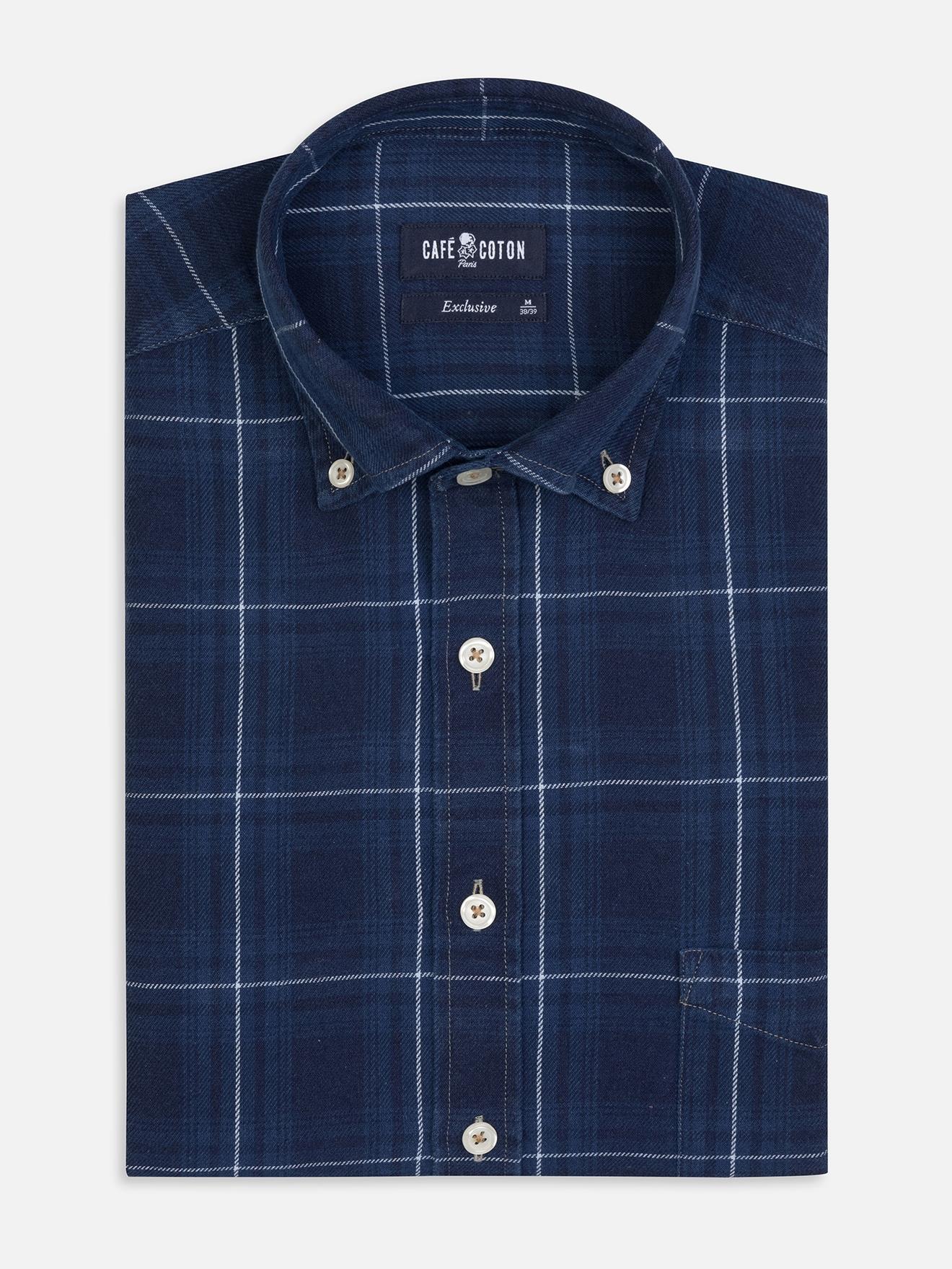 Chemise Heath à motif tartan indigo- Col Boutonné