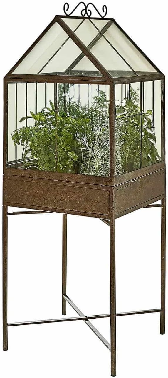 Loberon Gewächshaus Fixerno, Charmantes Antik-Finish, Lichtdurchlässige Einsätze, Nostalgisches Design, Perfekter Pflanzenschutz, Pflanztisch, Eisen, PVC, antikbraun