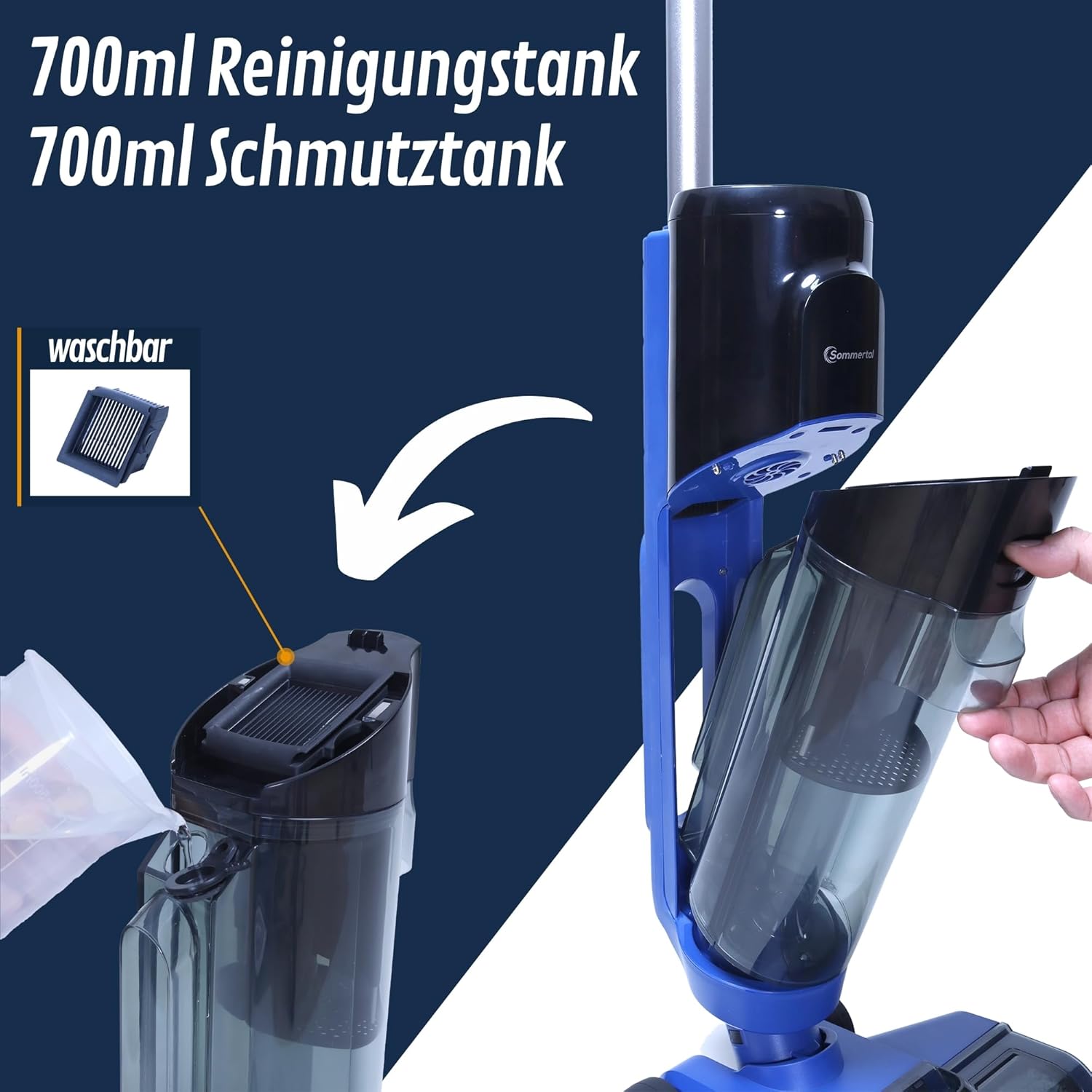 Nass Trockensauger Akku – starker Kabelloser Wischsauger mit Selbstreinigung, 700ml Doppeltank, HEPA-Filter, Display, 360° Bürste, für Hartboden, Laminat, Fliesen, Tierhaare & Parkett