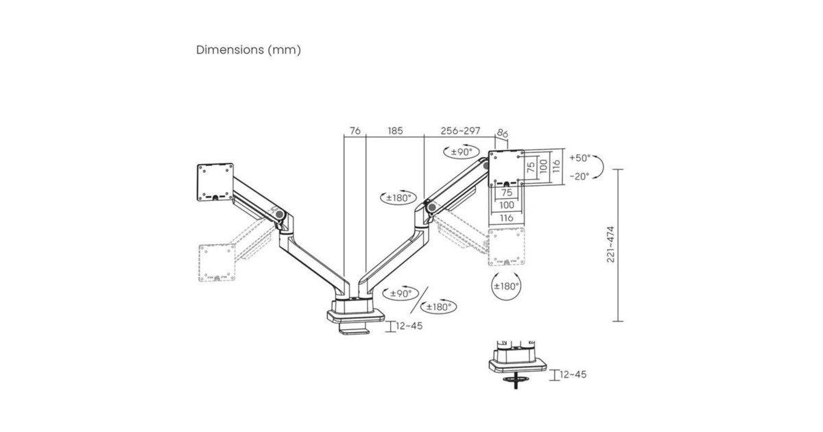 ACT ConnectivityMonitorarm office premium, gasveer, 2 monitoren  (Zwart)