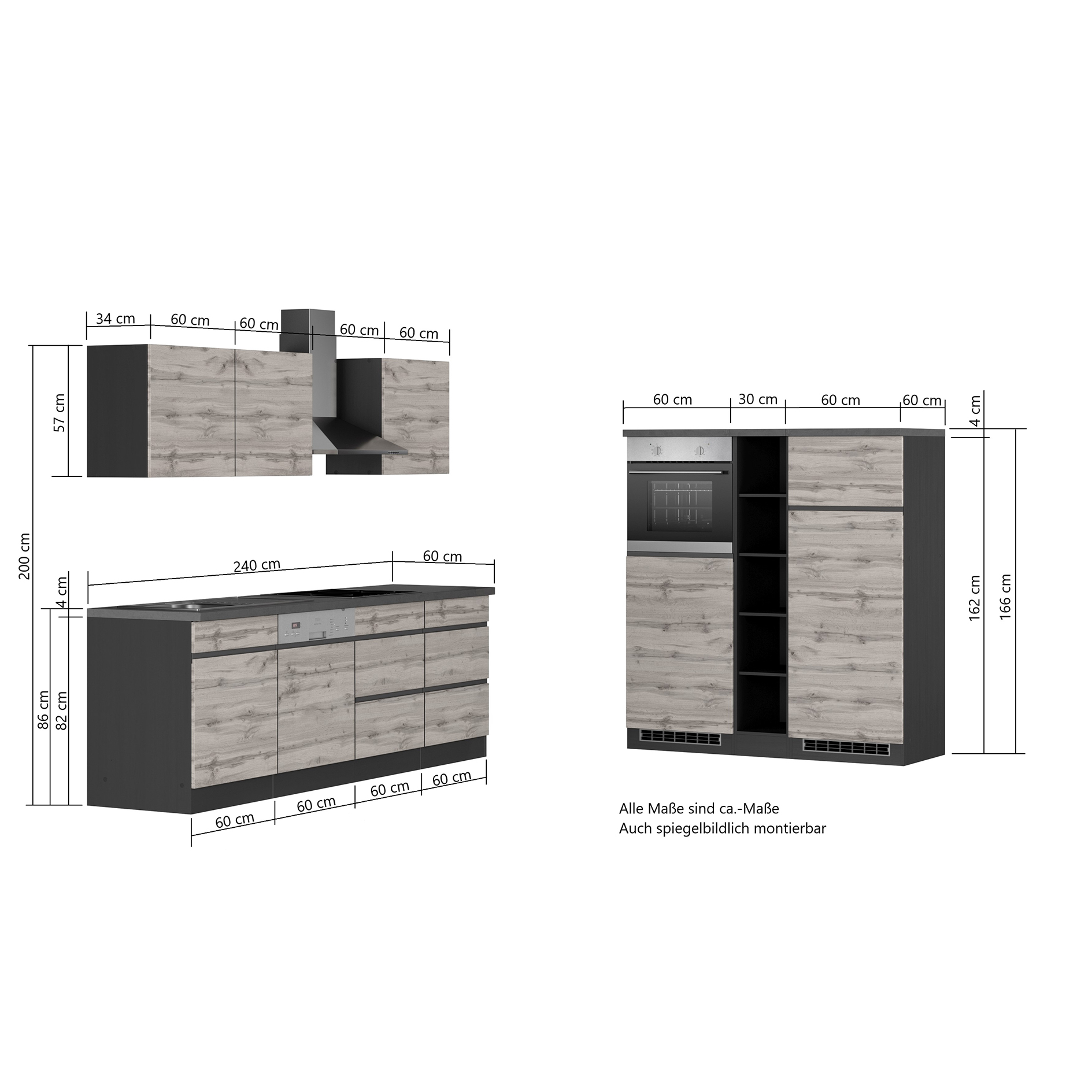 Küchenblock TURIN - Wotan Eiche-graphit - mit E-Geräten - 390 cm