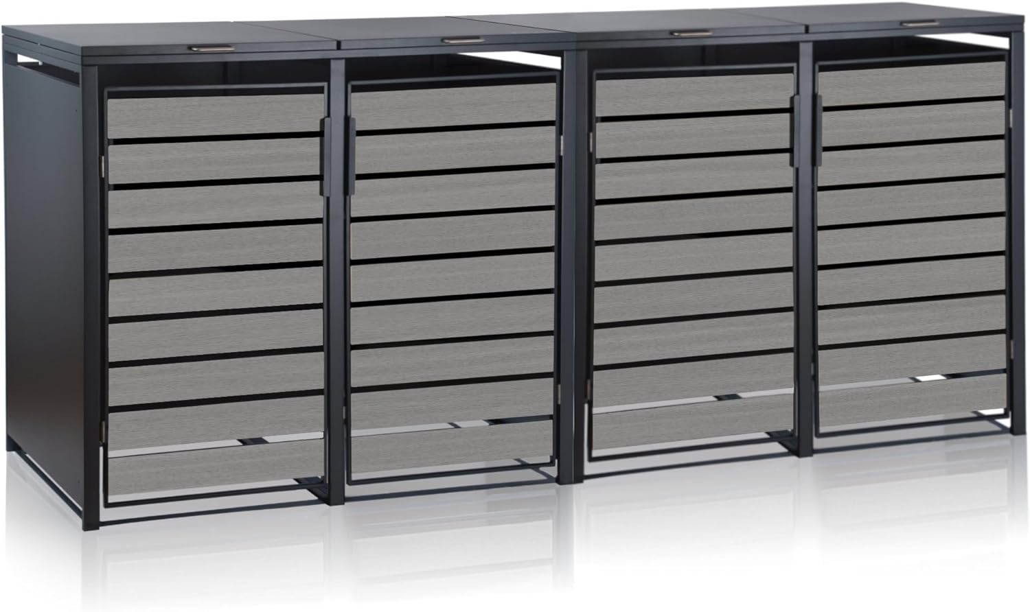 Zelsius Mülltonnenbox 4 Tonnen | 120-240 Liter | Anthrazit RAL 7016 | Tür in hellgrauer Holzoptik inkl. Erweiterungsmöglichkeit | Aufbewahrungsbox für Mülltonnen, Mülltonnenbox 4er