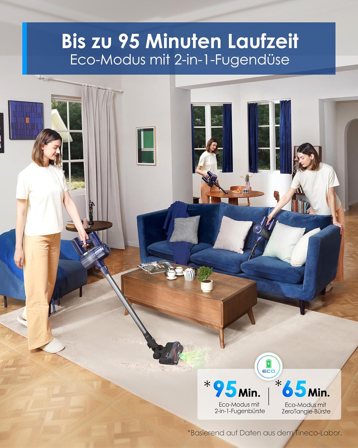 Tineco Pure ONE S50 Kabelloser Akku Staubsauger, 150AW Saugleistung, bis zu 95 Min. Laufzeit, ZeroTangle-Bürste, 120° LED-Licht, Entfernt Mühelos Großschmutz & Tierhaare