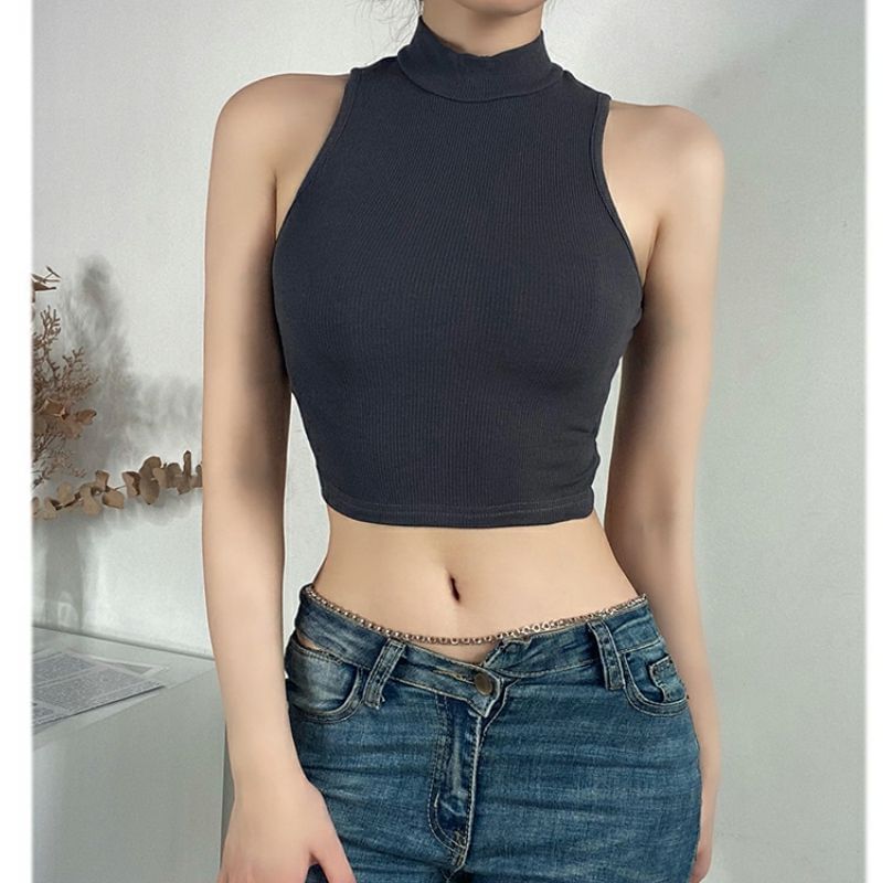 Hevnir - Tanktop met lage hals en effen crop top