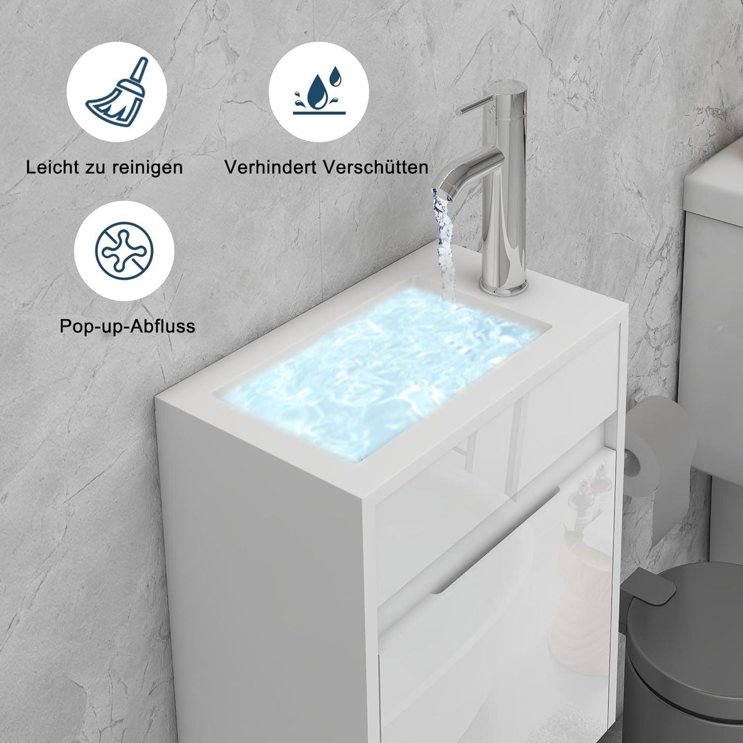 UEV Waschtisch mit Unterschrank 40,6cm, Gäste-WC Waschtisch, Waschbecken mit Unterschrank, Waschtischunterschrank hängend, Waschplatz, Badmöbel Set für Badezimmer,Weiß