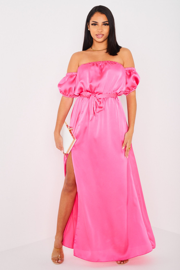 Robe fuchsia satinée à col bardot