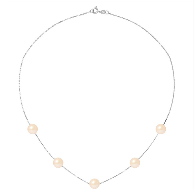 Collier ras du cou Femme 5 Perles de culture d'eau douce Roses 7 mm AA et Or Blanc 750/1000