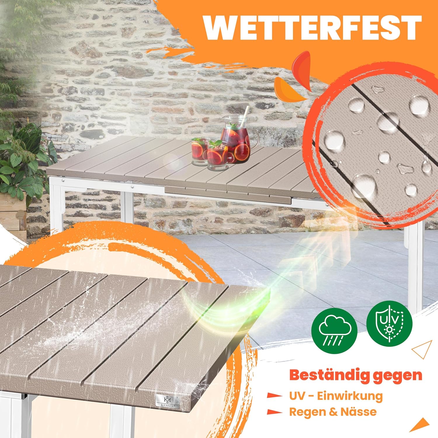 KESSER® Gartentisch ausziehbar Esstisch 180/240x90cm erweiterbar bis 8 Personen Ausziehtisch mit pulverbeschichtetem Stahl-Gestell & HDPE Tischplatte Wetterfest & UV-Beständig inkl. 6 Filz-Untersetzer