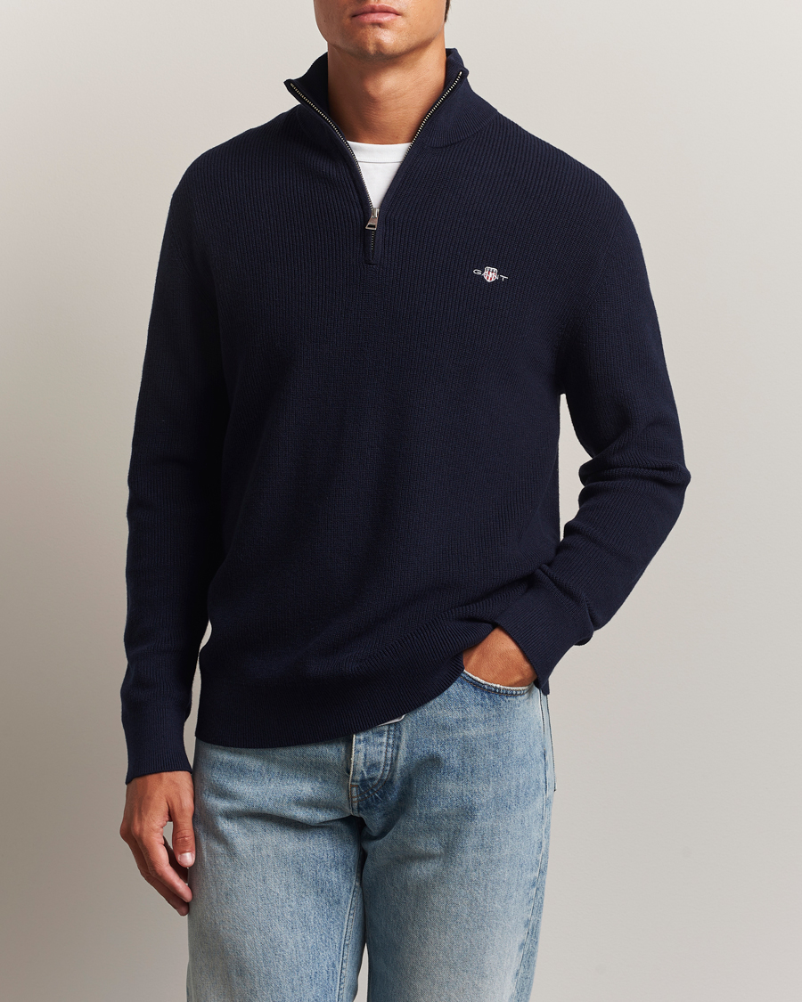 GANT Cotton/Merino Ribbed Half Zip Evening Blue