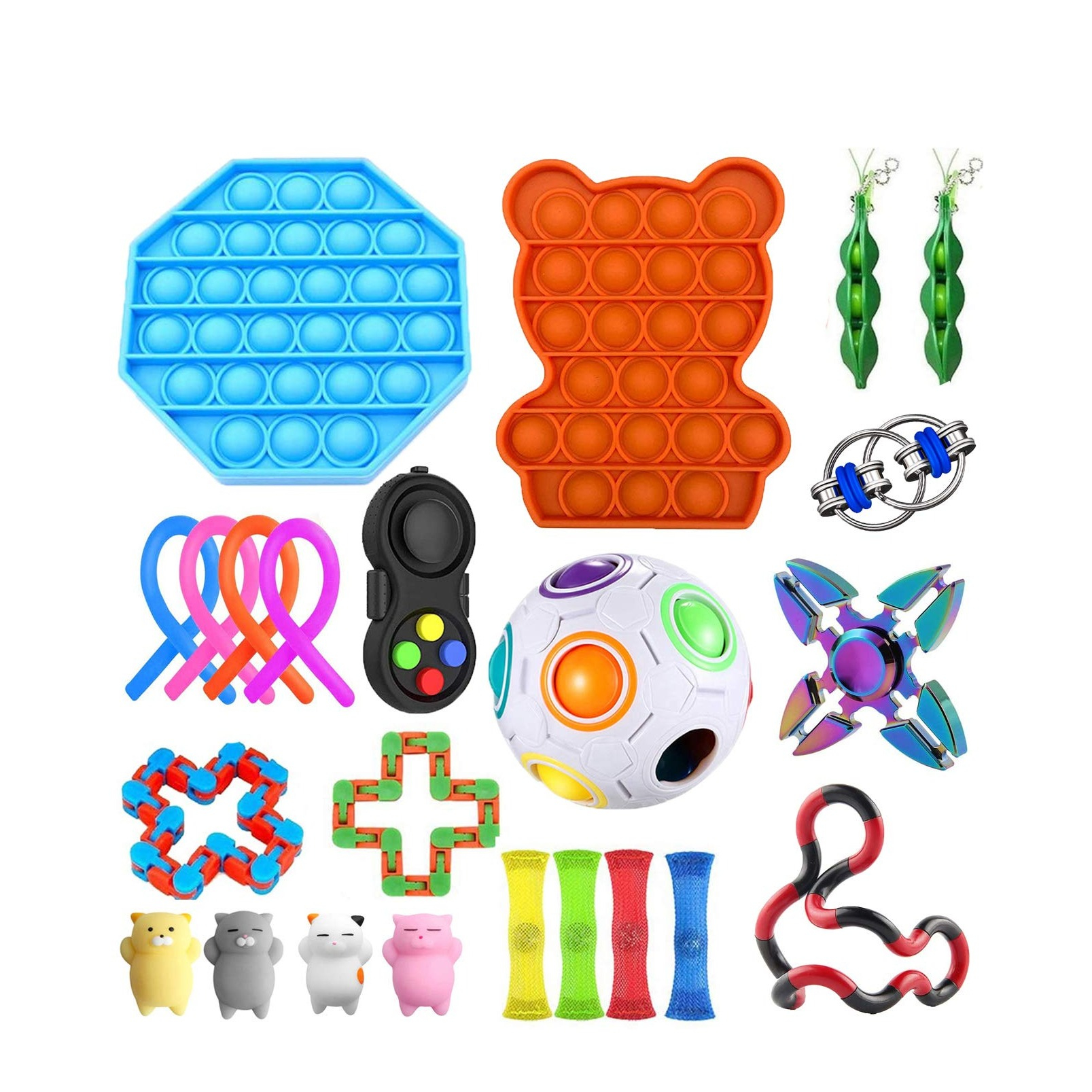 (23-tlg. Set) Anti Stress Silikon Bubbles Pop It Fidget Spiele - Bunt