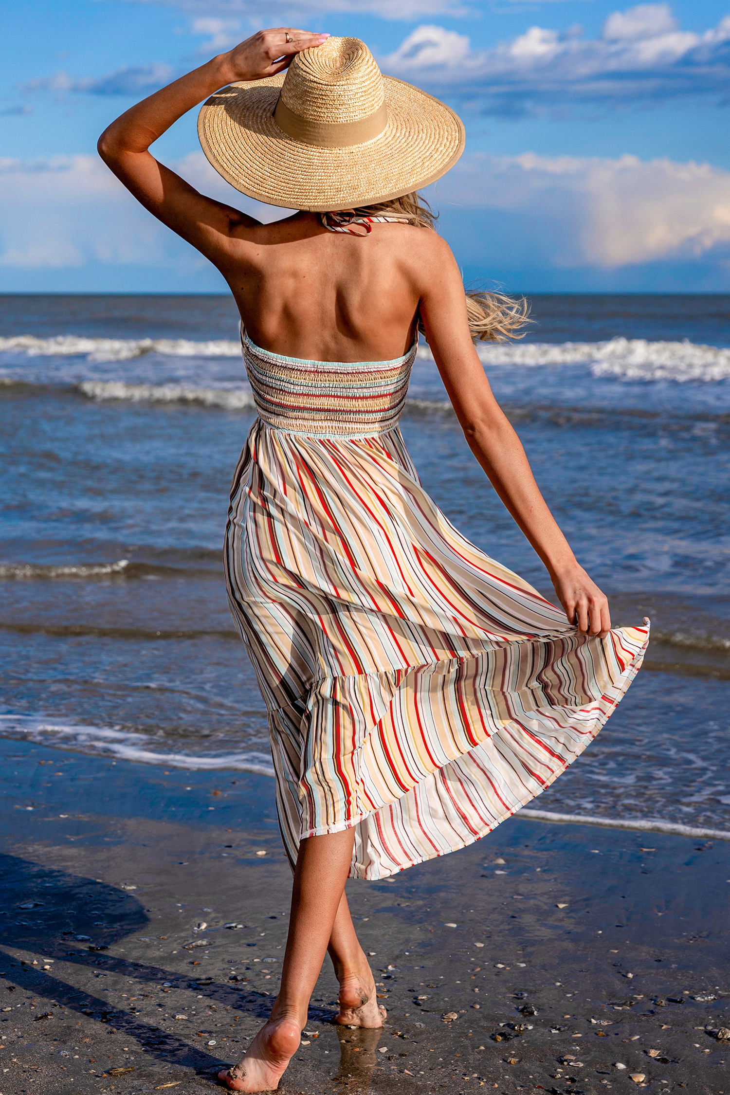 Robe maxi sans manches à col rond et rayures