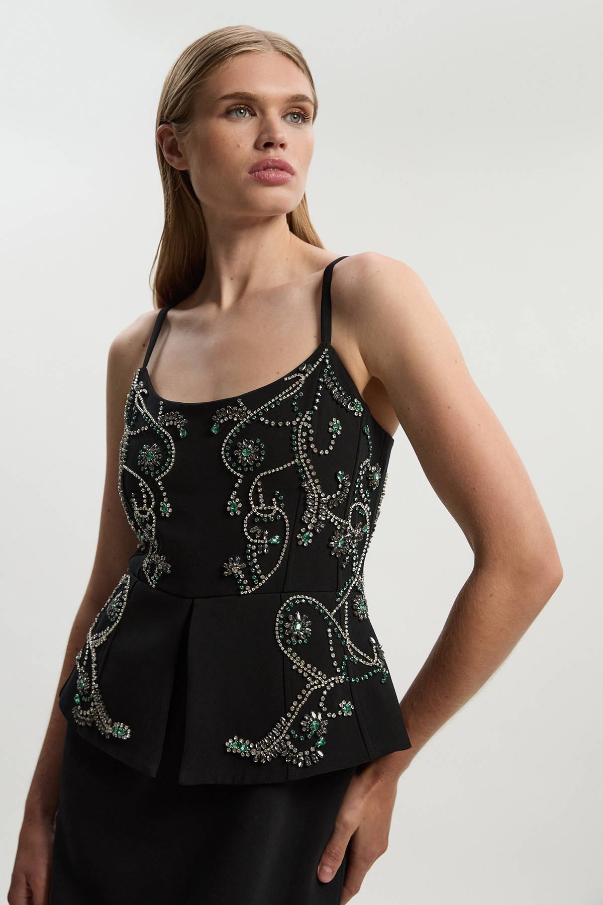 KarenMillen Robe Midi Crayon Bandeau à Basque Ornée de Cristaux Petite