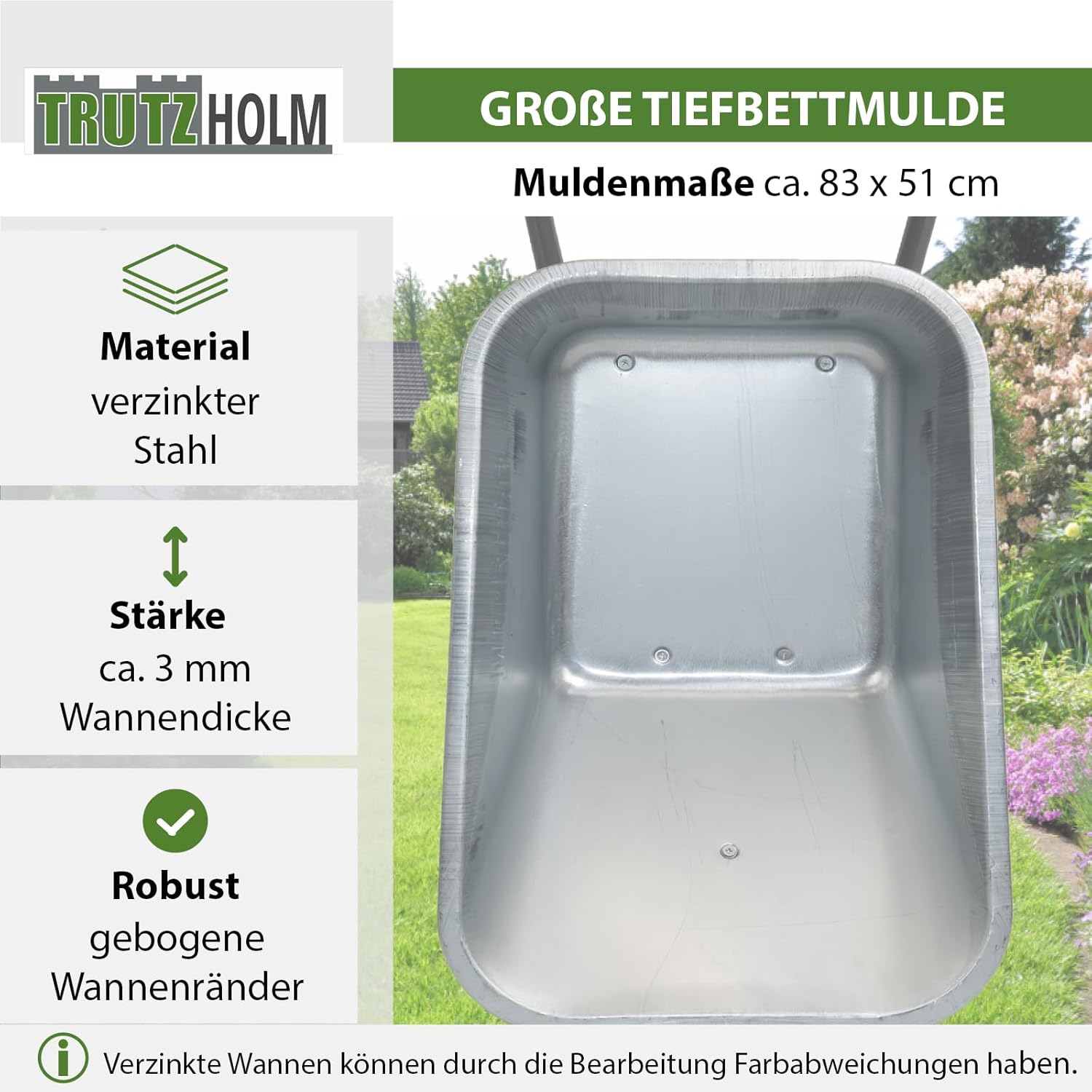 TRUTZHOLM 2-Rad Schubkarre 150L 150kg | stabile Gartenkarre Baukarre kippsicher | verzinkte Wanne | pannensichere PU-Räder | pulverbeschichteter Stahlrahmen | Sicherheitsgriffe | Zweirad