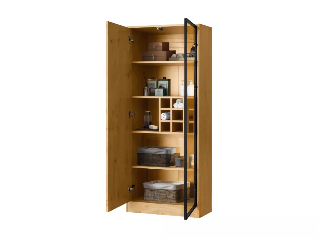 Vitrine, Meuble de salle de bain avec 2 portes vitrées - 60 x 35 x 160 cm - Bois MDF - LEDs - Naturel