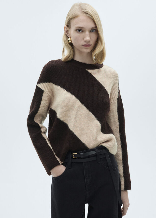 MANGO Round-neck striped sweater Medium brown