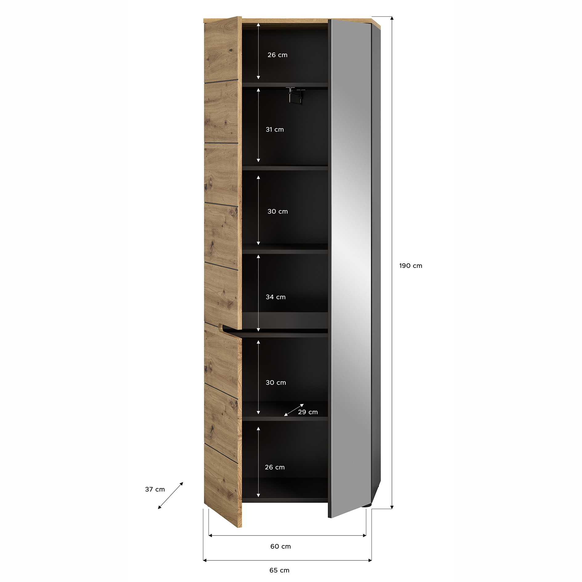 Garderobenschrank - Artisan Eiche - Basalt grau - 65 cm
