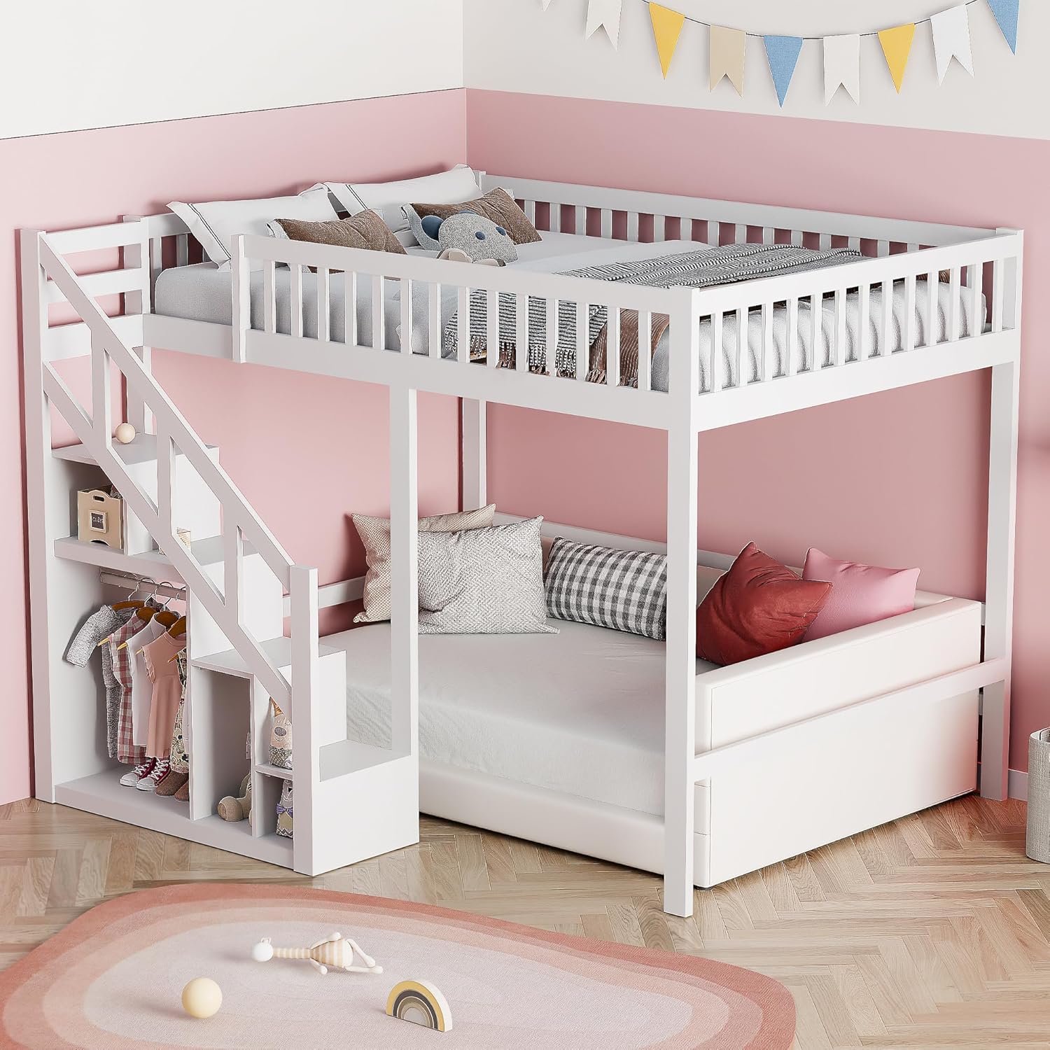 Kinderbett Etagenbett 140x200, Hochbett 140 x 200 mit Treppe, Staurau, Gitter und Rausfallschutz, Hochbett für 2 Kinder, Jugendhochbett mit Lattenrost, Kiefer, Ohne Matratze (Weiß A01, 140x200)