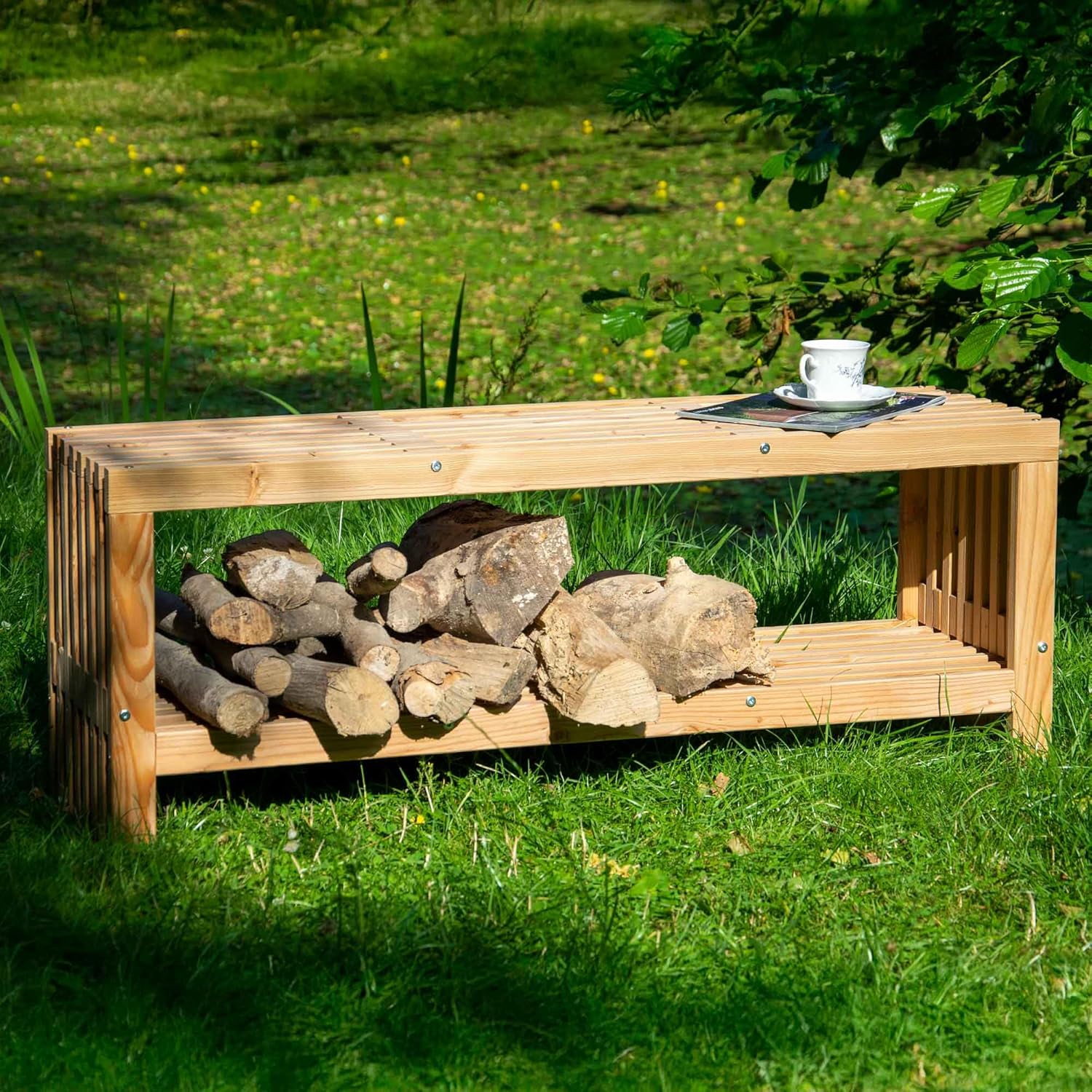 dobar® Green Label 29109FSCe | Gartenbank Freja mit Kaminholzfach | Moderne Sitzbank mit Stauraum | Robustes Douglasie-Holz mit Schutzlasur | Holzbank Massiv | 115 x 30 x 45 cm | Natur