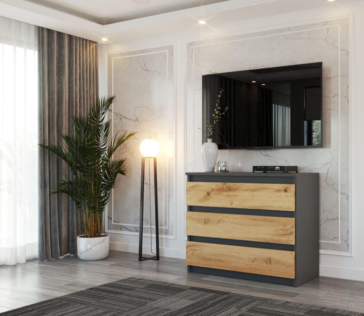 MRBLS Kommode mit 3 Schubladen Sideboard Schubladenschrank Kleiderschrank Modern Möbel mit Schubladen für Ihr Schlafzimmer (Grau Matt - Wotan) – 80 x 71,5 x 33,5 cm (B/H/T)