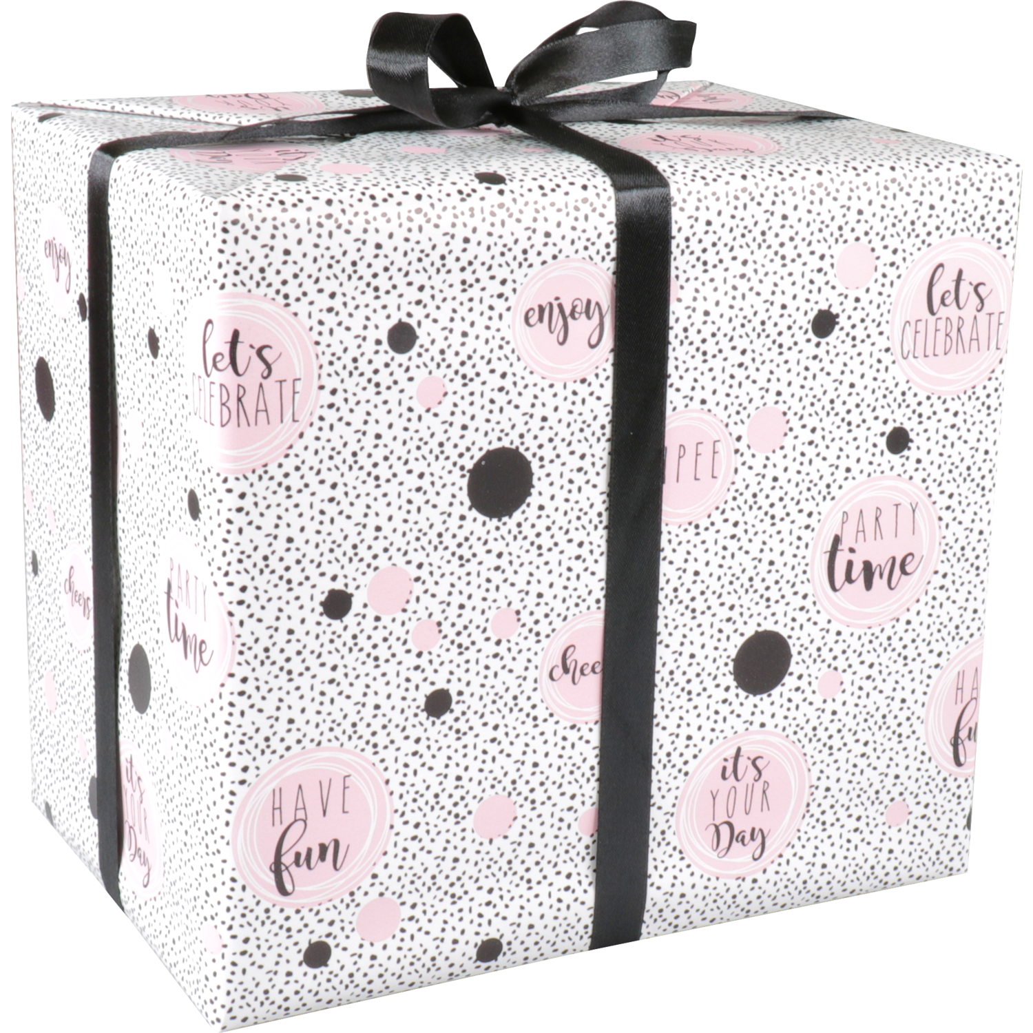 Cadeaupapier, 50cm, 100m, 80gr/m², Party time, wit/zwart/roze