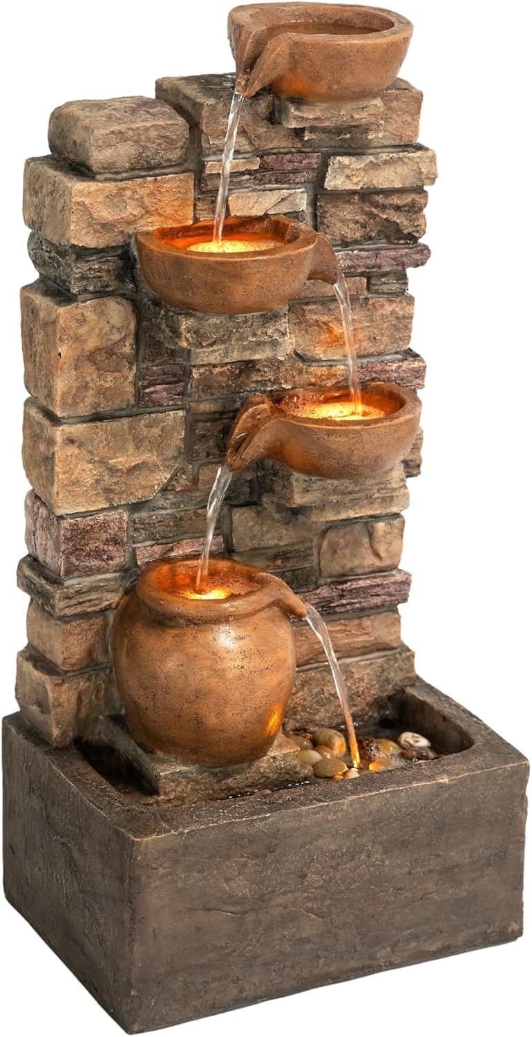 Teamson Home 4 stufiger Steinbrunnen Braun LED Wasserspiel Outdoor