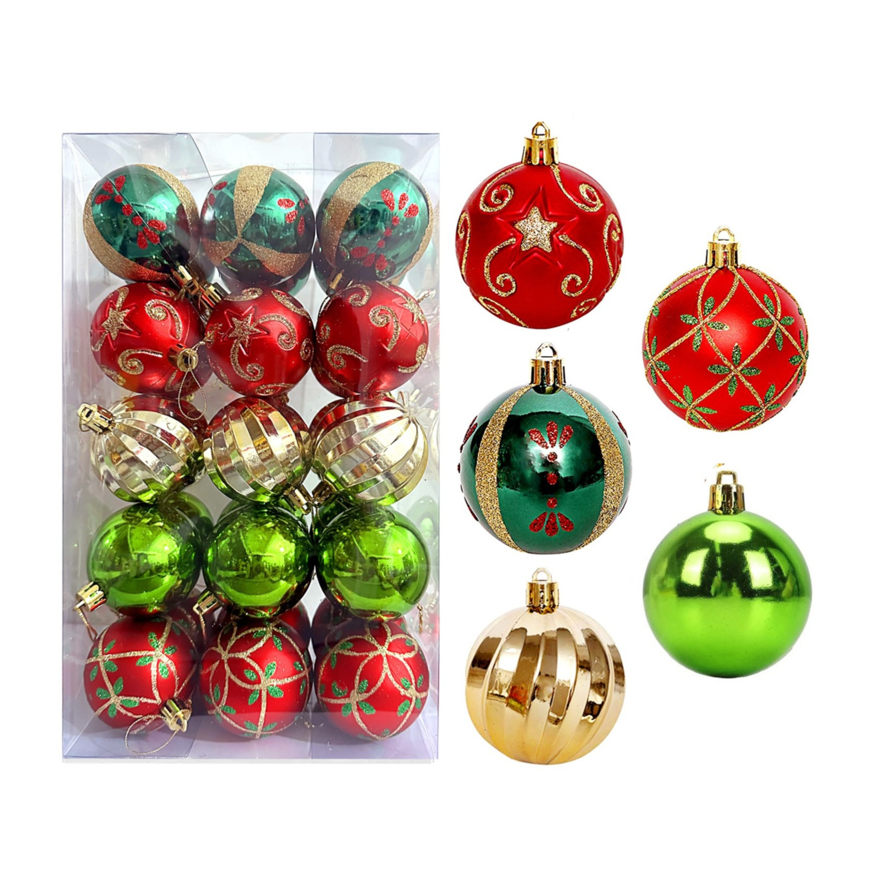 (30er Set) Ø6cm Christbaum Schmuck Glitzer Weihnachtskugeln Tannenbaum Aufhänger Home Deko - Rot / Grün / Gold