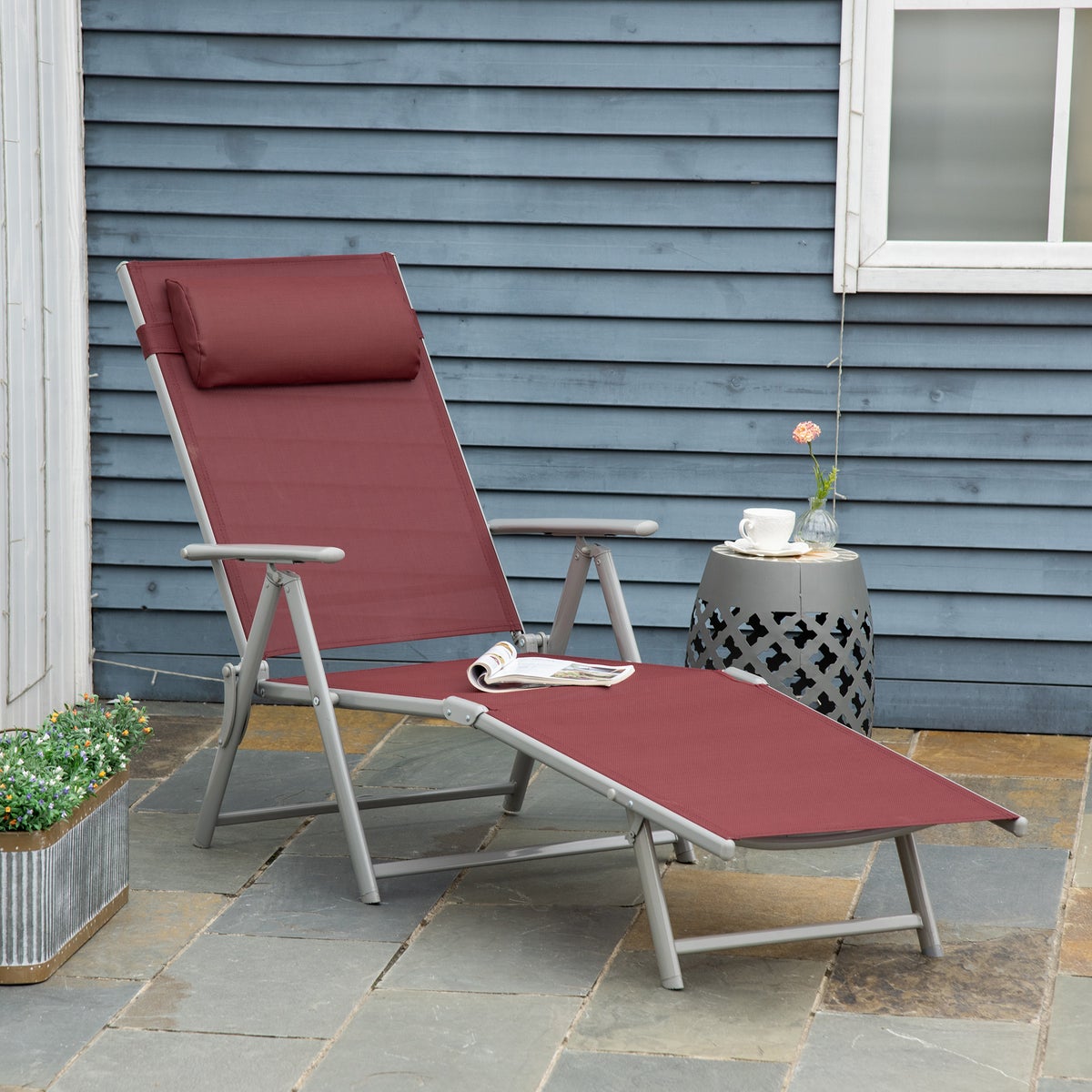 Outsunny ligstoel, tuinligstoel, opvouwbaar, met kussen, 137 x 63,5 x 100,5 cm, metaal+stof, bordeauxrood