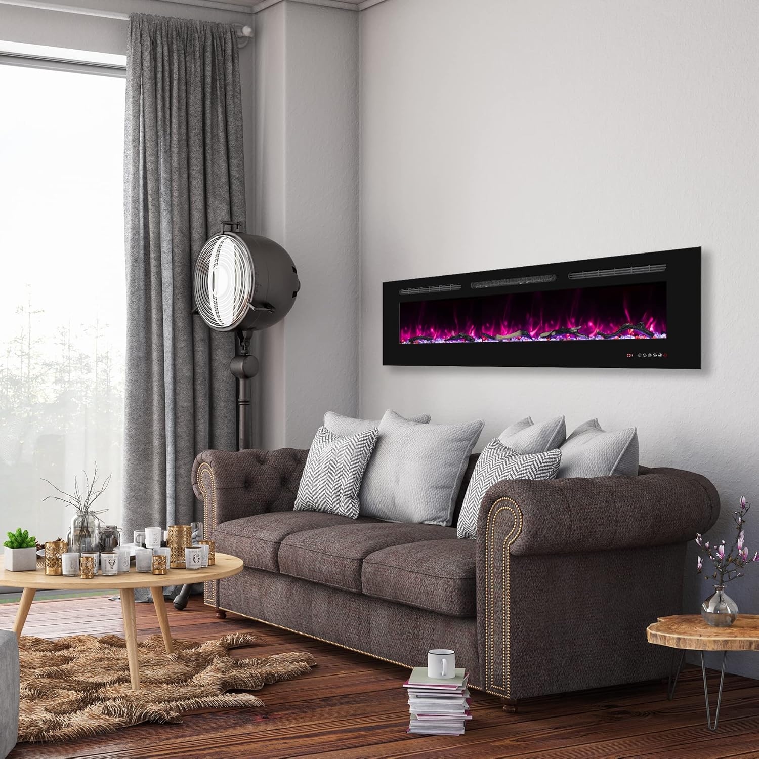Elektrokamin Wandmontage, 13 Farbmodi LED flammeneffekt, 152 cm Kamin Heizung Glas-Touchscreen und Fernbedienung,1500W(60