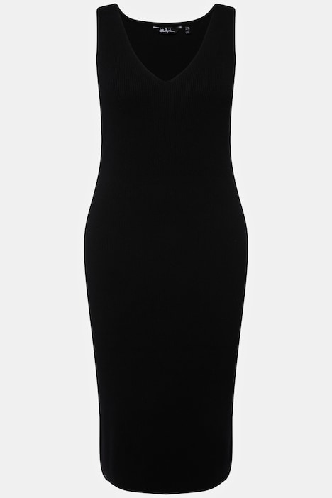 Strickkleid, Rippstrick, Slim, Midilänge, V-Ausschnitt, ärmellos