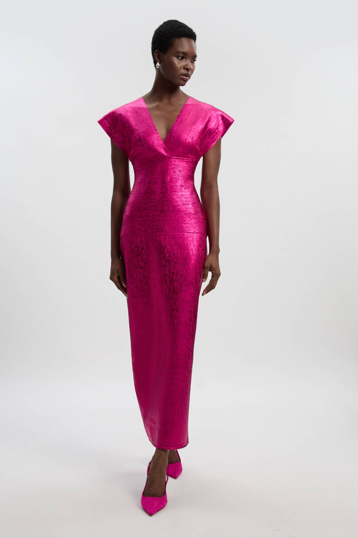 KarenMillen Robe Maxi Tricot à Manches Ange et Finition Métallique