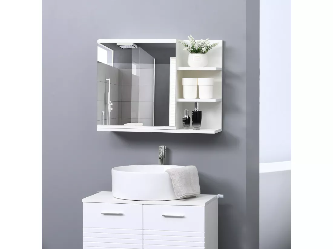 Armoire miroir de salle de bain avec étagère - 3 étagères latérales - kit installation murale fourni - panneaux particules blanc