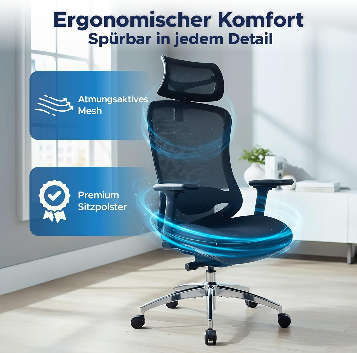 TITANO E5 | Ergonomischer Bürostuhl mit Neigungsfunktion, 4D-Armlehnen, Lendenwirbelstütze & Kopfstütze – Drehstuhl für Home Office & Büro | 150 kg Belastbar | Ergonomic Schreibtischstuhl