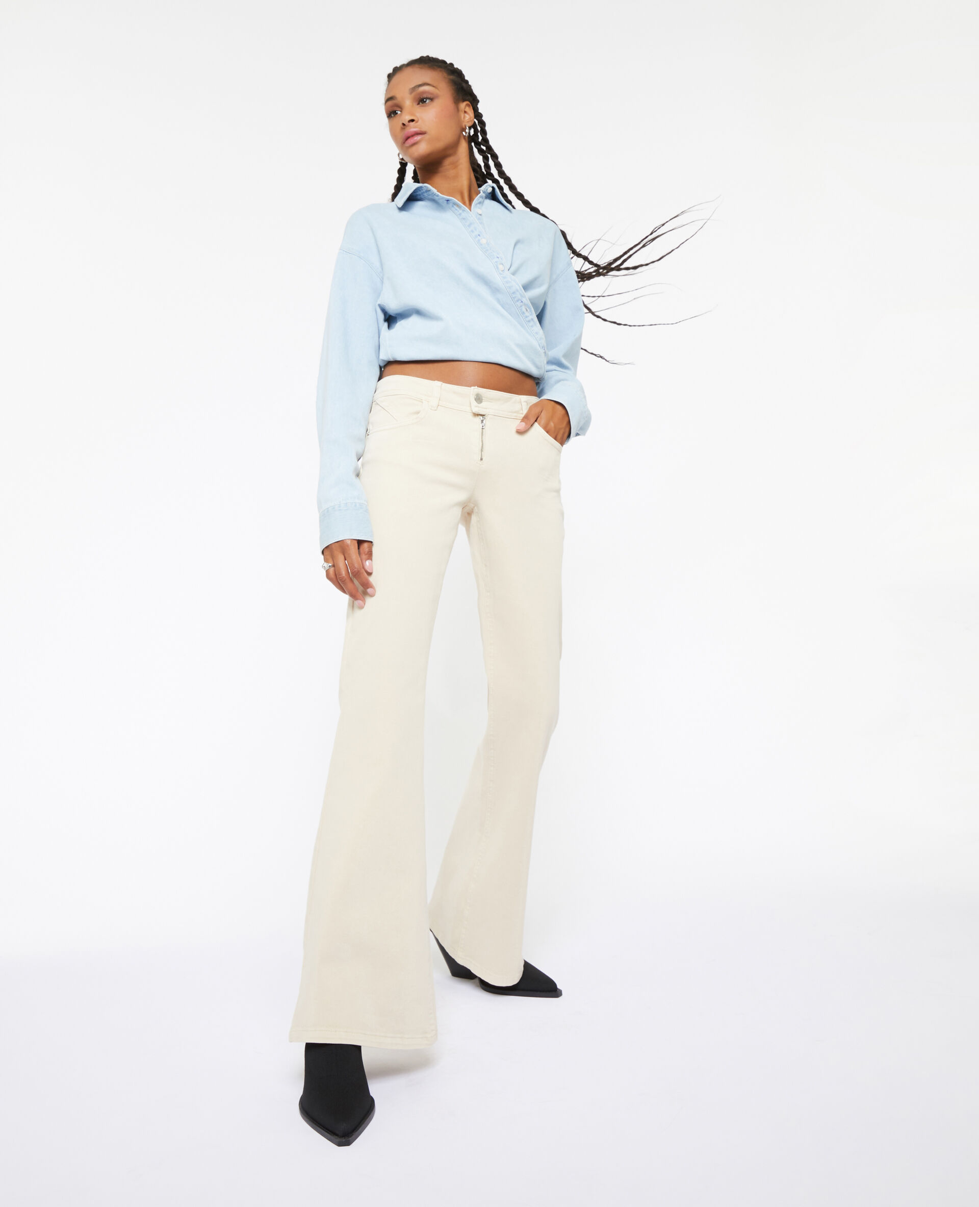 Jean flare bootcut taille basse zip apparent - Beige