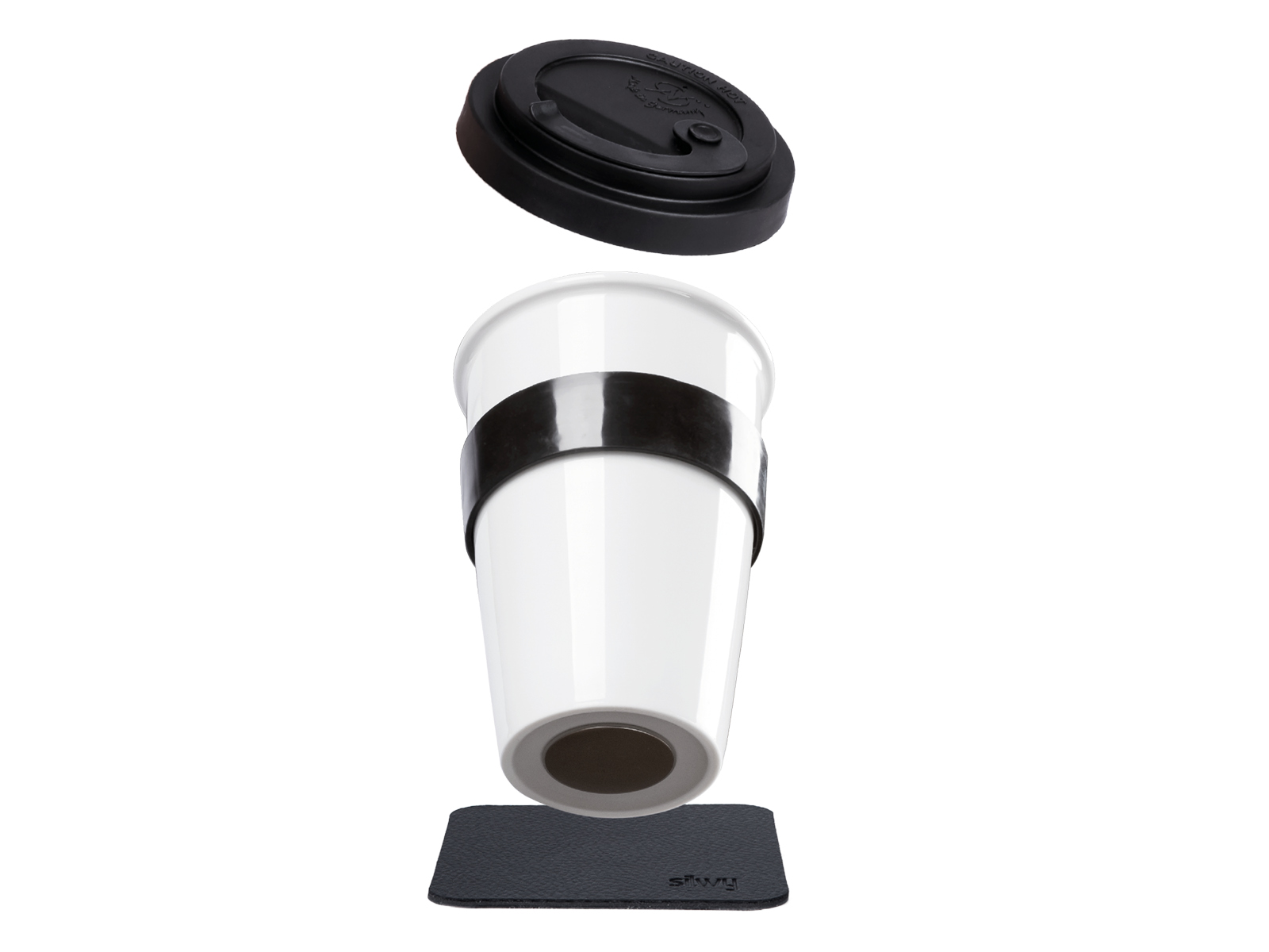 Silwy porseleinen To-Go-Cup met zwarte onderzetter