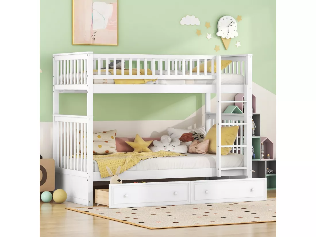 Lit Mezzanine Enfant 90 X 200 cm En Pin - Lits Superposés Avec 2 Tiroirs - Blanc