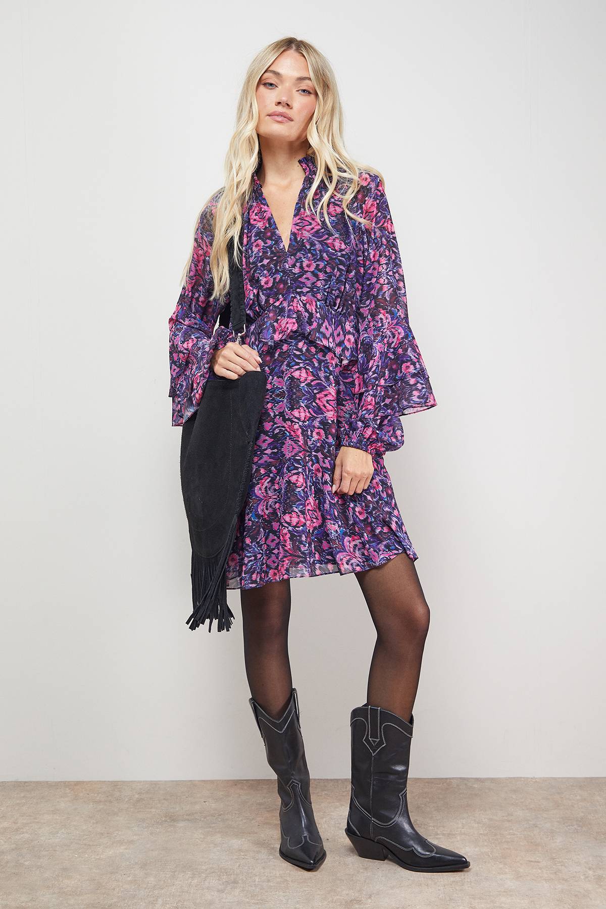Oasis Robe Mini à Imprimé avec Manches Évasées et Détails Volantés