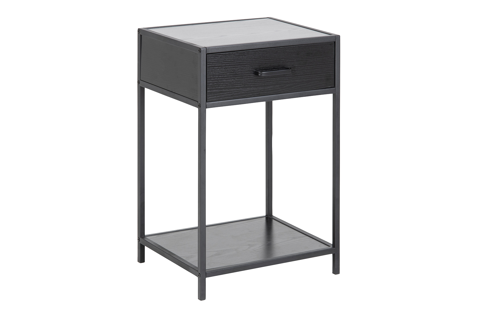 Seaford nattbord Sort lakkert metall med 1 skuff og hylle i MDF plater.
