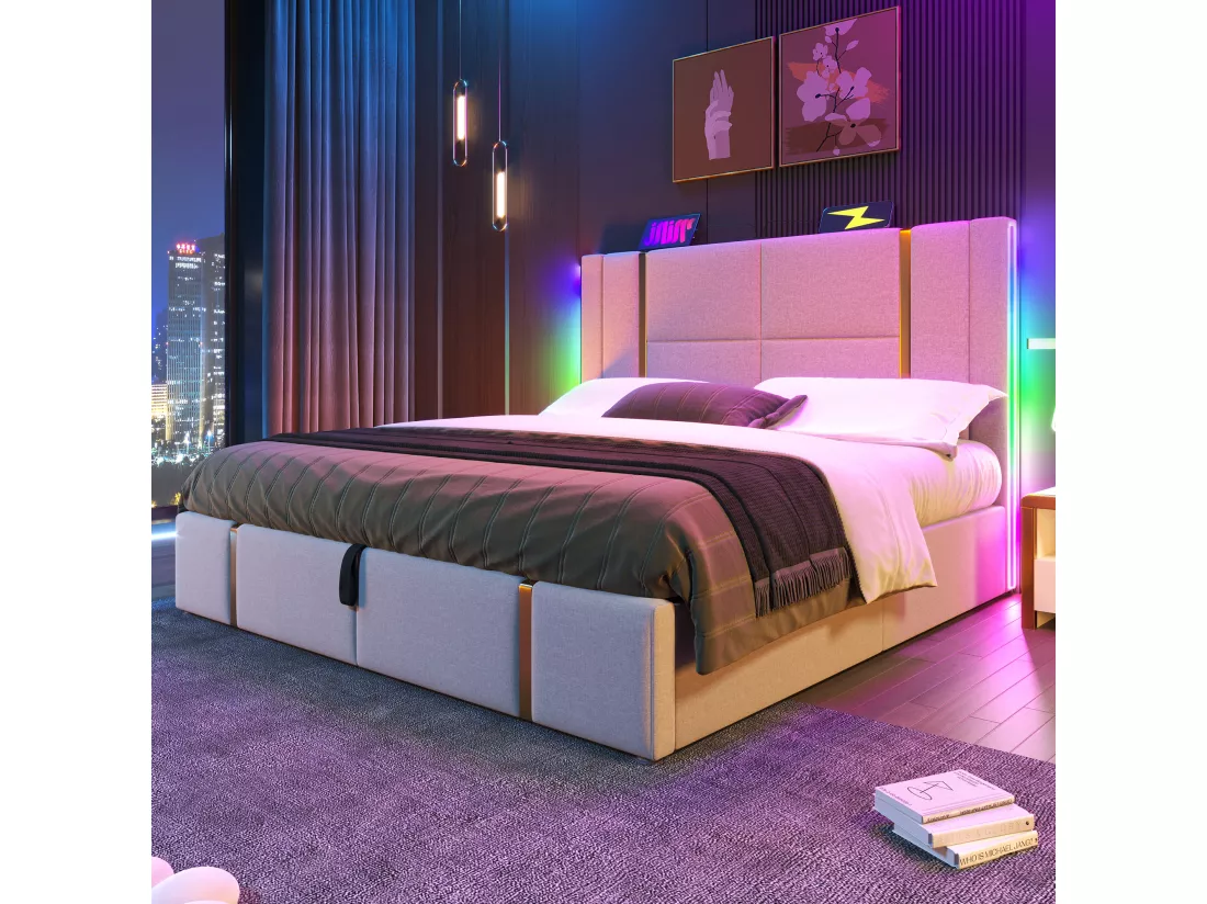 Lit coffre 180 x 200 cm avec tête de lit - Prises USB et Type-C - LEDs - Tissu en lin - Beige (sans matelas)