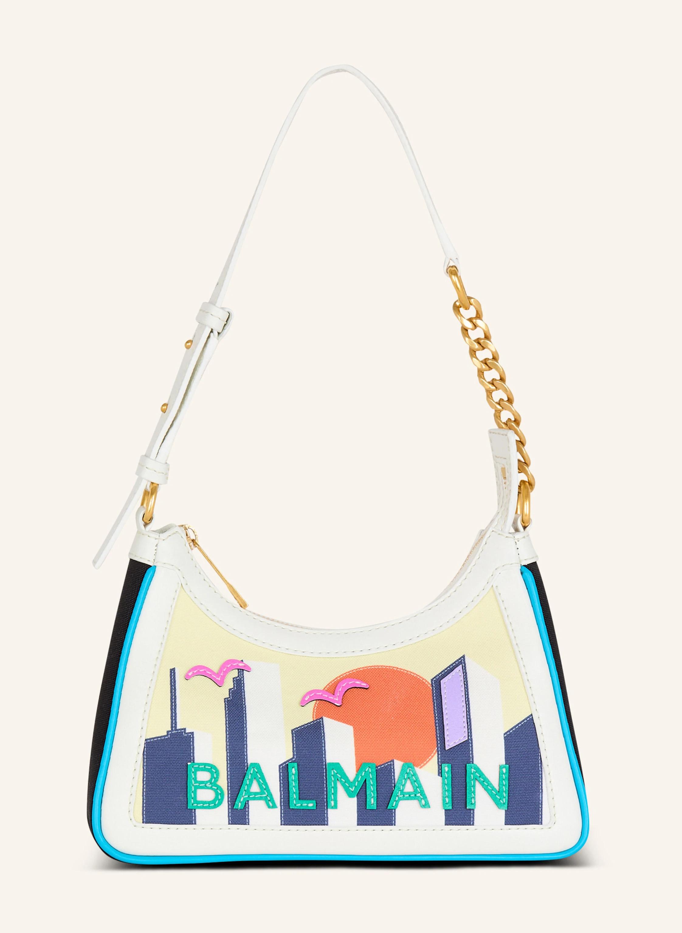 BALMAIN Tasche B-Army Shoulder aus Kalbsleder und Canvas mit Postcard-Print