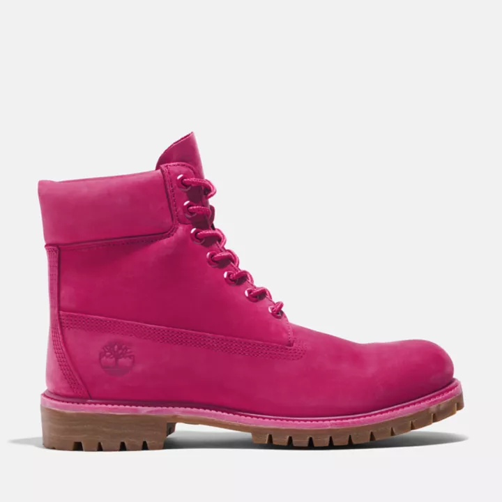 Botas Timberland Premium de 6 polegadas impermeáveis para homem, edição 50ª edição, na cor rosa escuro.