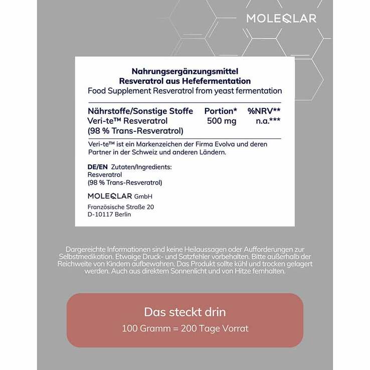 Moleqlar Resveratrol Trans-Resveratrol Pulver, 30 g