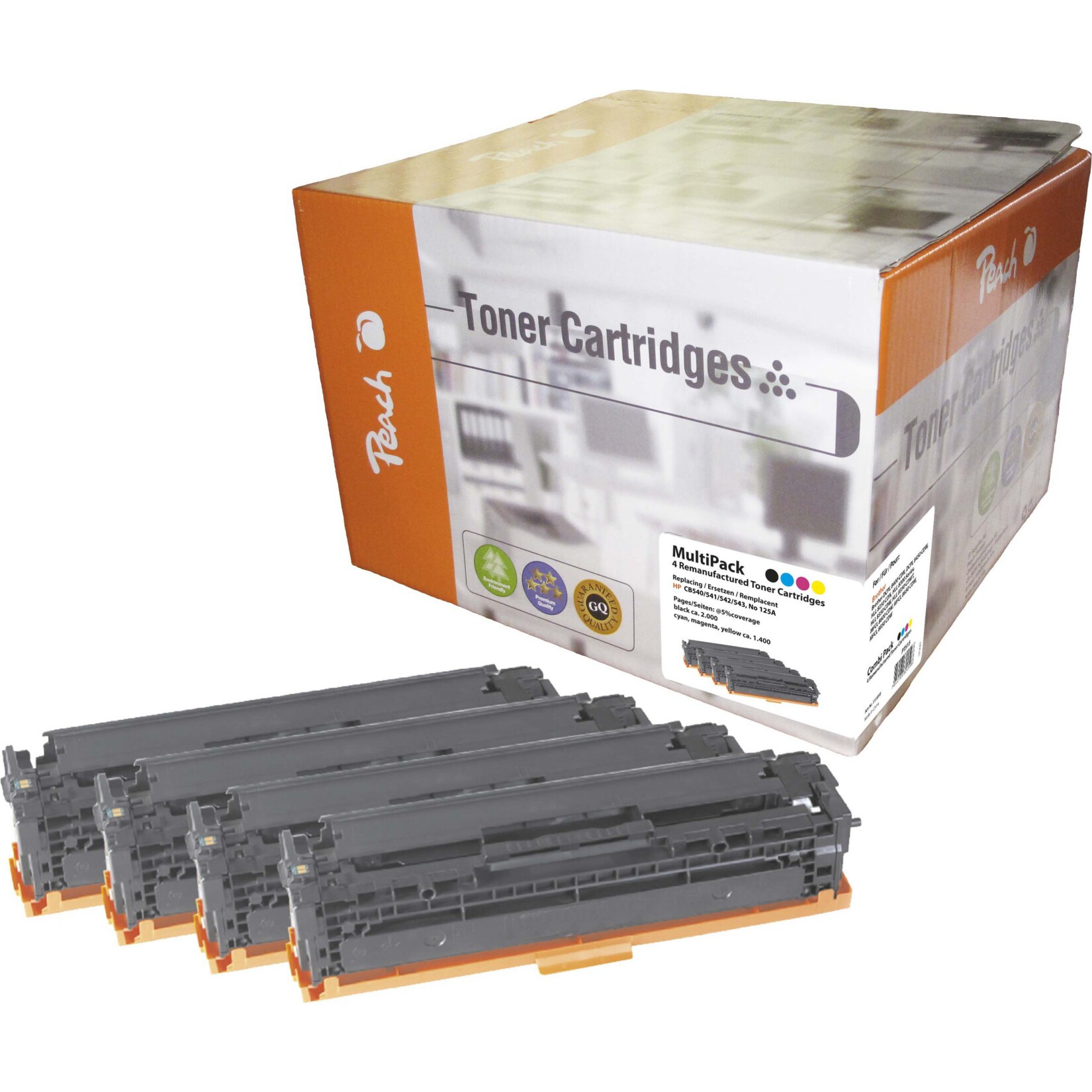Peach HP 125 A 4 Toner (bk, c/m/y) ersetzt HP No. 125A, CB540A, CB541A, CB542A, CB543A für z.B. HP Color LaserJet CP 1217 (wiederaufbereitet)