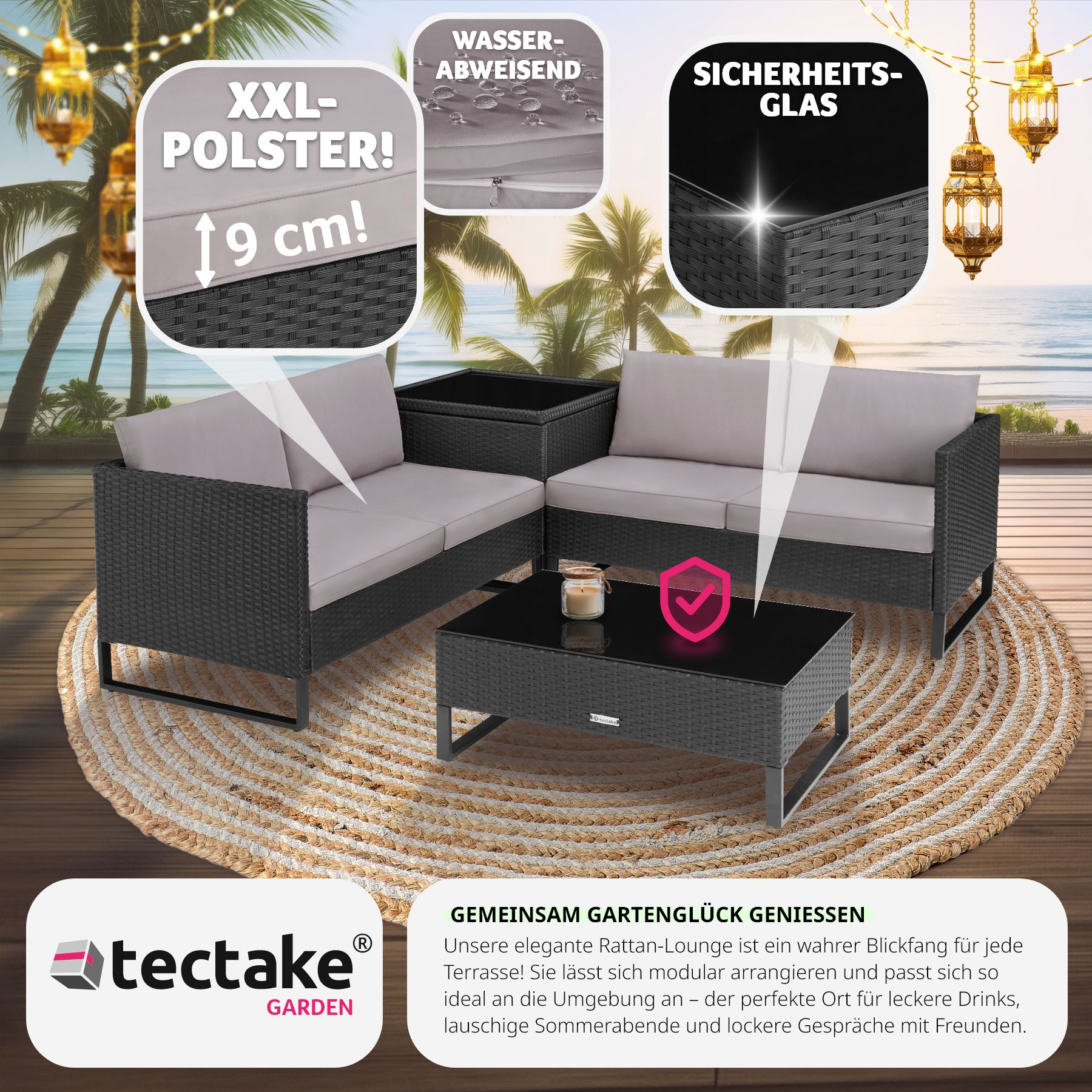 tectake® Rattan Lounge, für 4 Personen, große Aufbewahrungsbox, mit Sicherheitsglasplatte