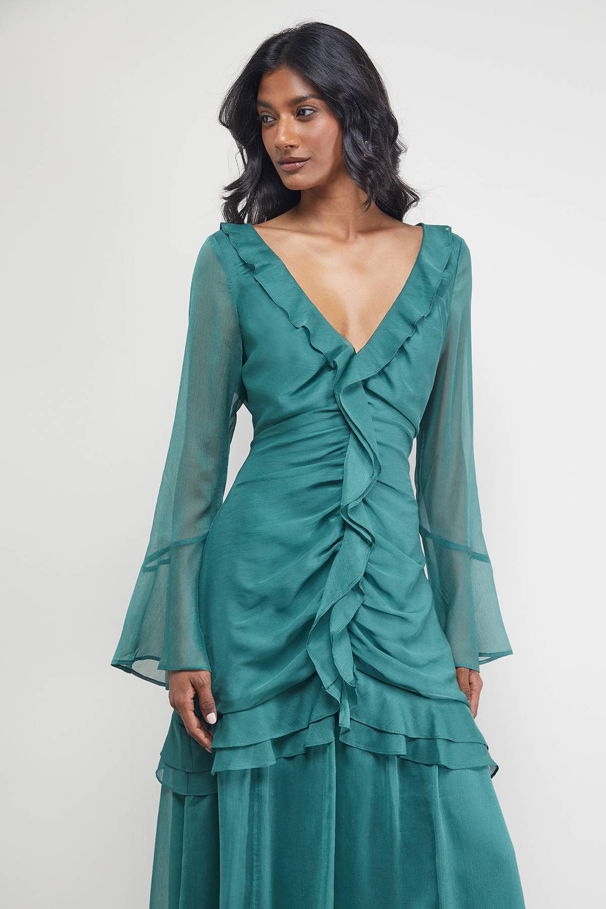 Warehouse Robe Mi-longue en Mousseline à Volants et Bustier Froncé