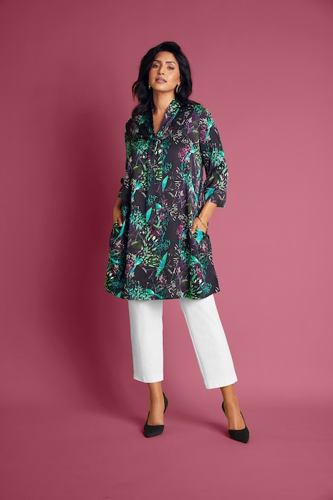 Long-Tunika, Satin, V-Ausschnitt, Schluppe, 3/4-Arm